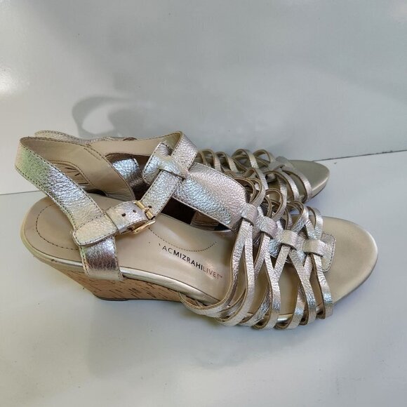 Isaac Mizrahi Gold Leather Strappy Cork Wedge Sandals Size 10W - Picture 2 of 7